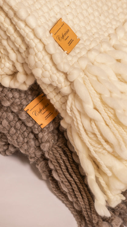 FLAMA HERITAGE THROW in White off and Grey - Stacked pair showing woven textures and brand labels